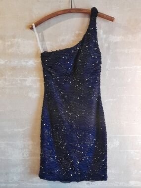 512a. navy blue vintage Ruby Rox one shoulder ruffle bodycon mini dress, S